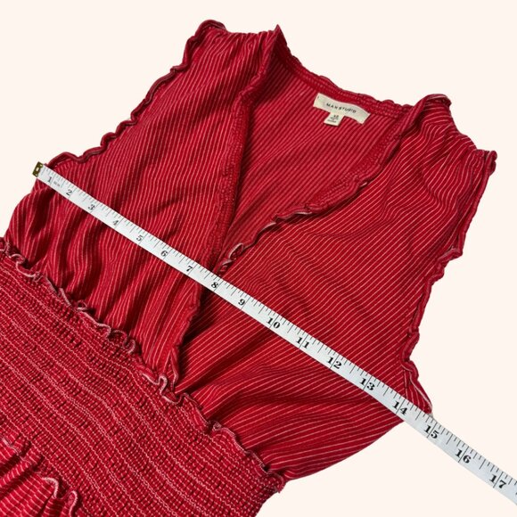 Max Studio Red Striped Frilly V Neck Tiered Mini Dress Smocked Waist - Picture 5 of 6